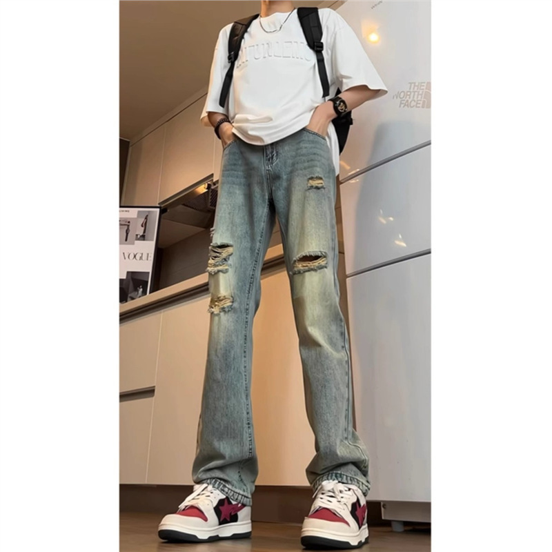 American Vibe Washed Pants High Street Retro Ripped Jeans Men's Summer Straight Loose High-End Beggar Pants