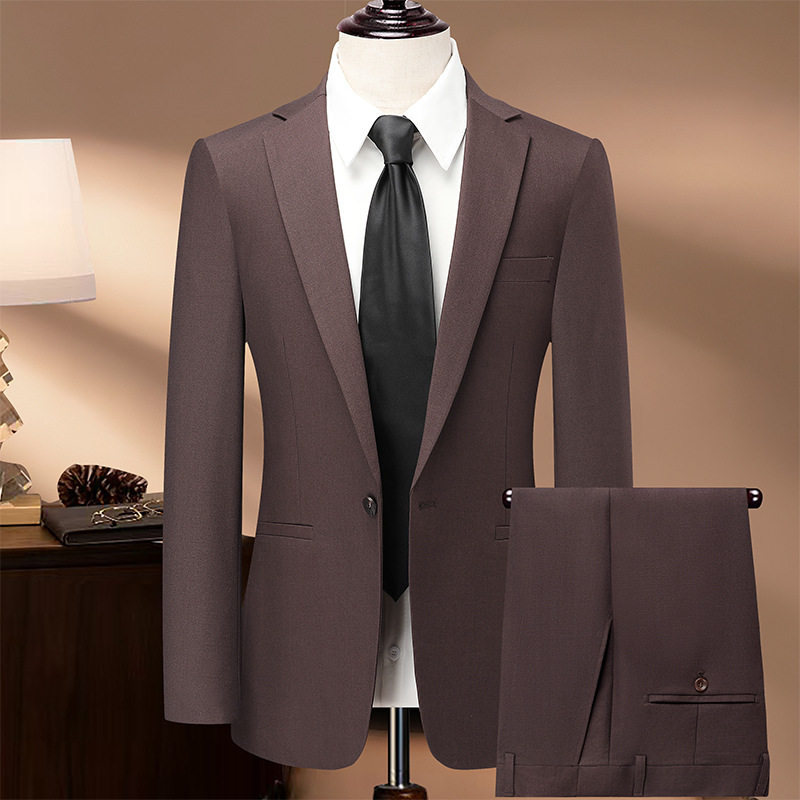 Bộ vest nam pha len dáng ôm, áo vest một hàng cúc cổ bẻ phẳng, quần xẻ tà sau giữa — Màu nâu Mocha