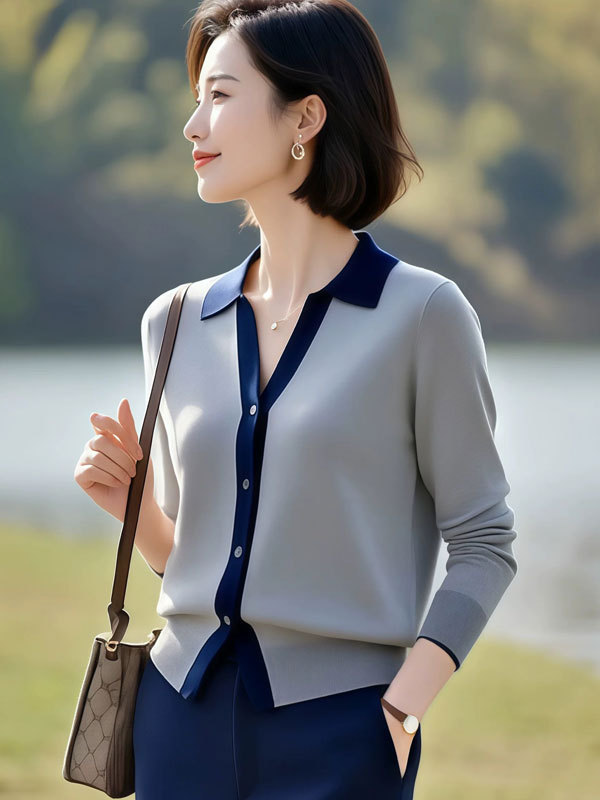 今年流行的polo领针织衫2025年女装秋季新款气质韩版撞色翻领上衣|undefined