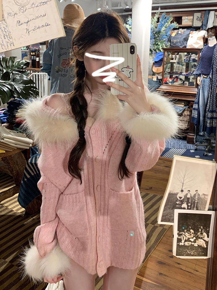 今年流行韩系超好看粉色针织毛茸茸毛衣外套女春秋季2025新款