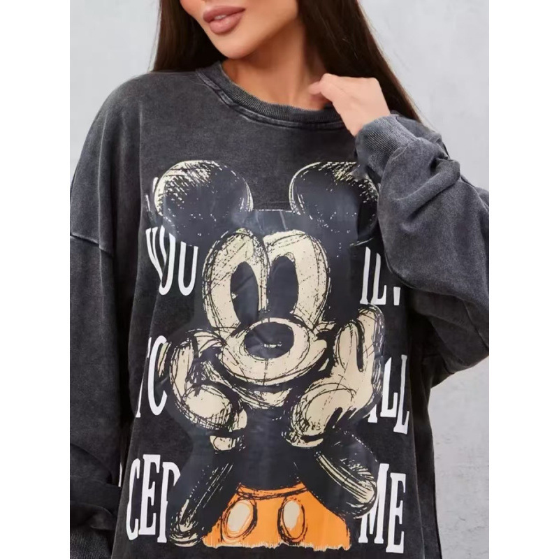 2024 New American Retro Distressed Washed Black Long-Sleeve Fun Print Pure Cotton Long-Sleeve Cuffed T-Shirt Versatile Loose Fit