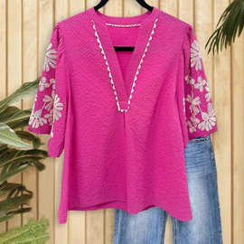 跨境亚马逊2025夏季重工刺绣V领套头休闲宽松上衣文艺复古刺绣短