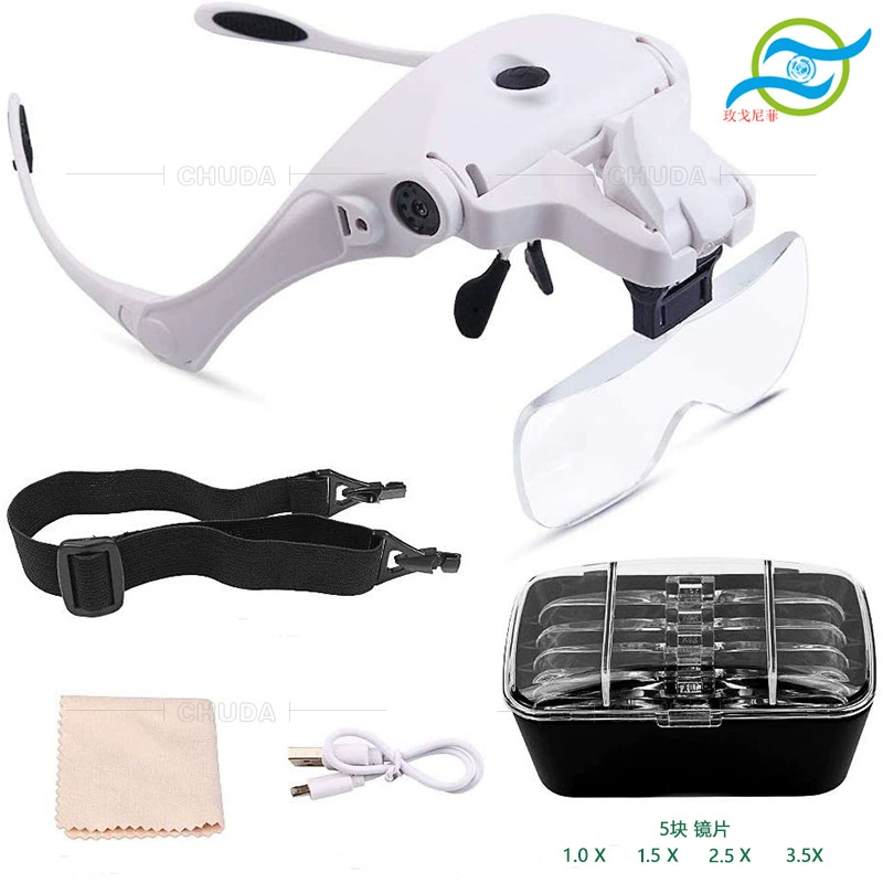 Megonifi 9892B2C наголовное увеличительное стекло для дизайна ногтей Светодиодная лупа для чтения Замена 5 линз