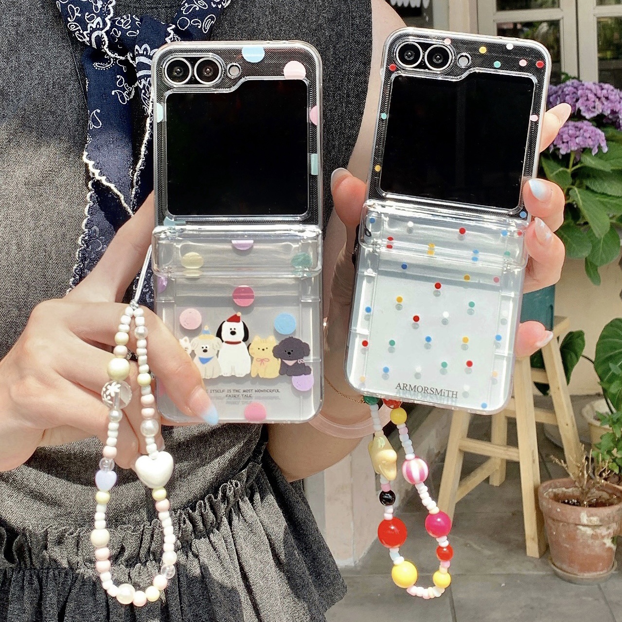 可爱三星GalaxyZflip4/5/6代手机壳彩色波点小狗透明套插卡包适用