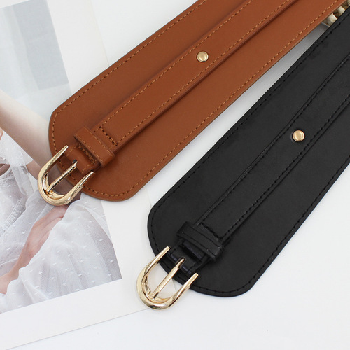 Wide belt for women with pin buckle decoration dress elastic PU piece elastic girdle European and American retro fashion girdle for women