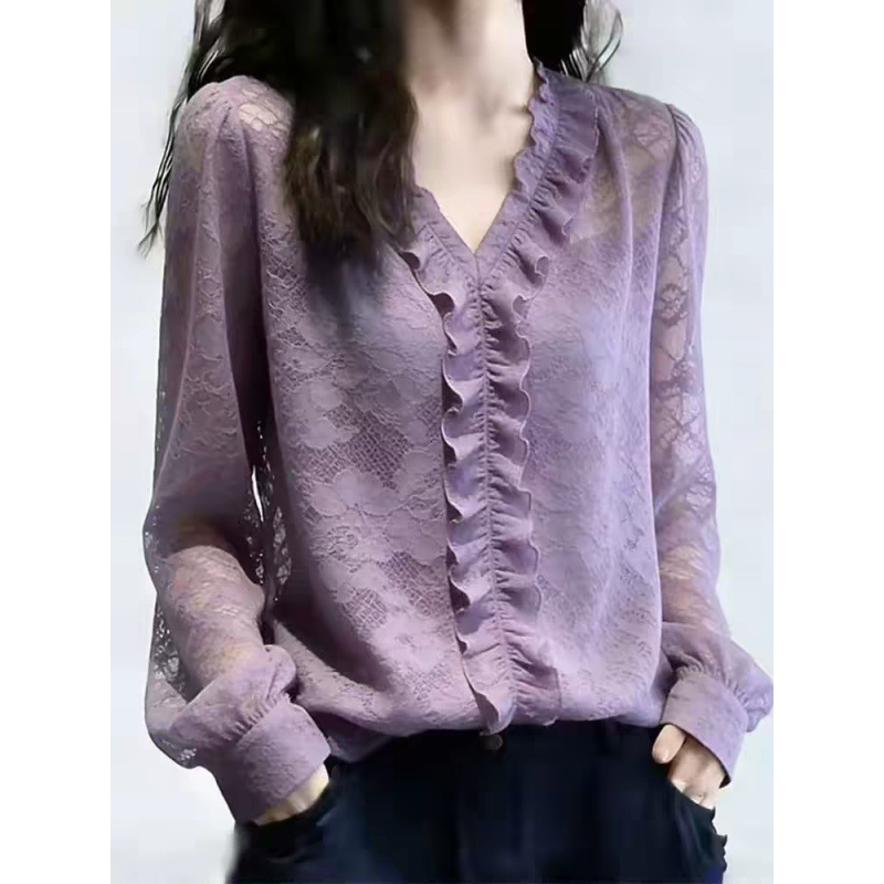 European-Style New Purple Lace Plus-Size Top for Women, 2026 Summer New Model, Niche Exquisite and Elegant Long-Sleeve Design