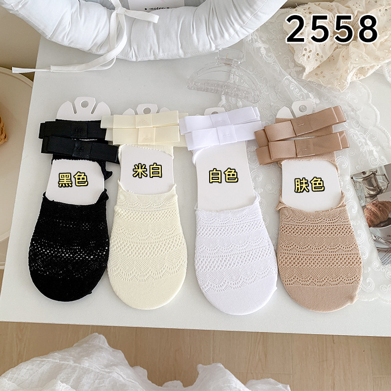 Botas, algodón, primavera y verano, nuevos calcetines invisibles, ballet retro, boca baja, lazo, encaje, olas, calcetines huecos para niñas