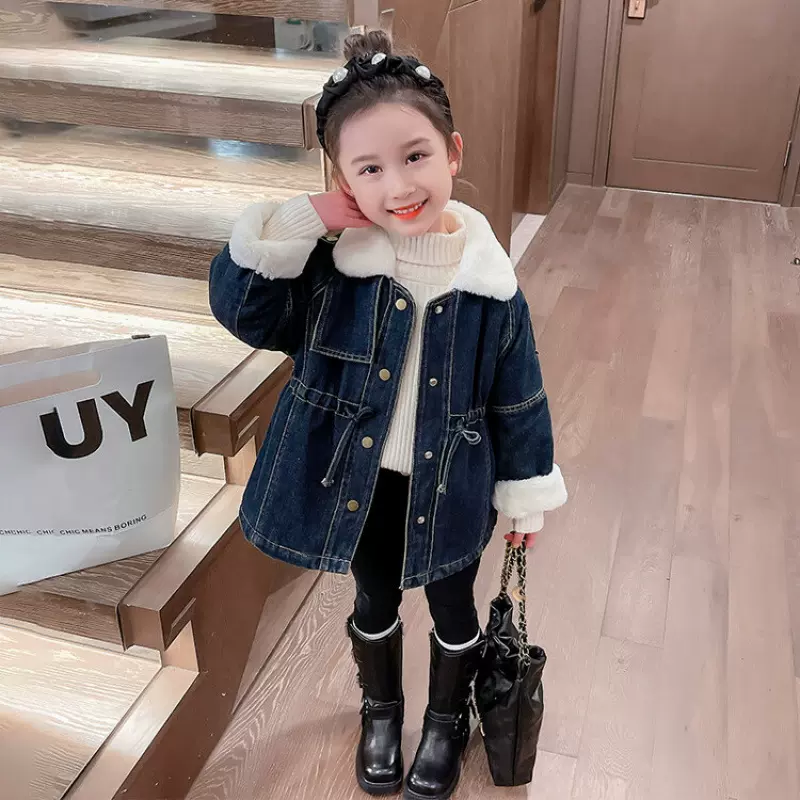 女童牛仔外套秋冬款2025新款儿童冬装加绒洋气宝宝收腰保暖派克服