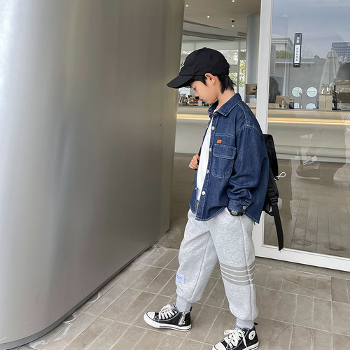 Boys 2024 Spring and Autumn New Trendy Denim Long-Sleeved Shirts Pure Cotton Tops Haimajia Children's Korean Style Children's Clothing Shirts