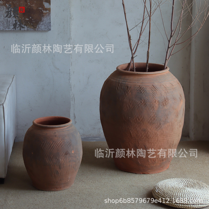 Gran vasija de cerámica de tierra gran vasija de estómago gran vasija de flores de viento tranquilo paisaje decoración residencial vasija de cerámica china estilo Zen retro