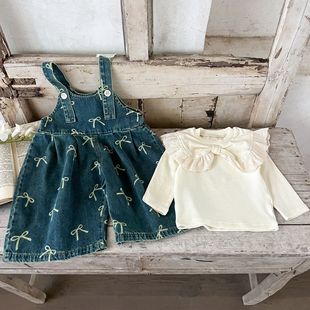 Internet Celebrant 2024 Light Autumn Full Print Bow New All-match Denim Strap Wide-leg Pants Children's Pants