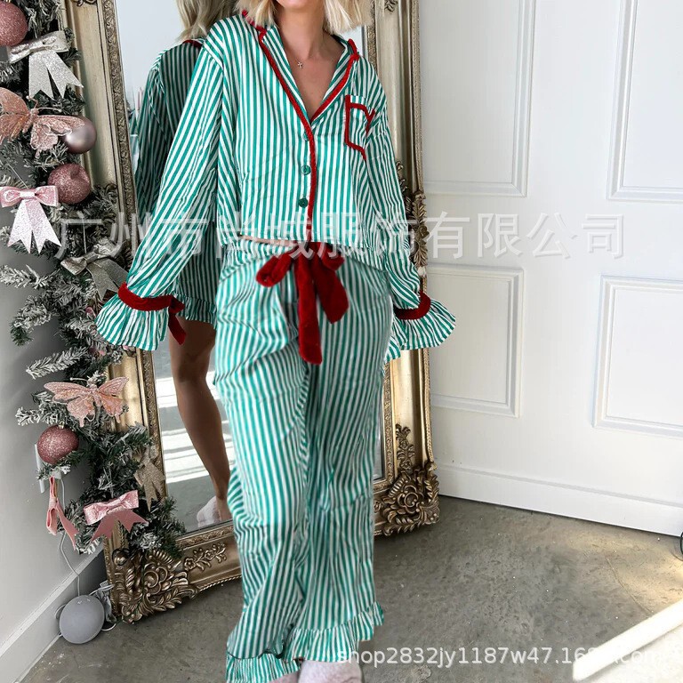 Amazon's Popular Striped Long-Sleeved Home Clothes Two-Piece Pajamas Set Spring and Autumn Women's Lazy Cardigan Home Clothes Amazon's Popular Striped Long-Sleeved Home Clothes Two-Piece Pajamas Set Spring and Autumn Women's Lazy Cardigan Home Clothes