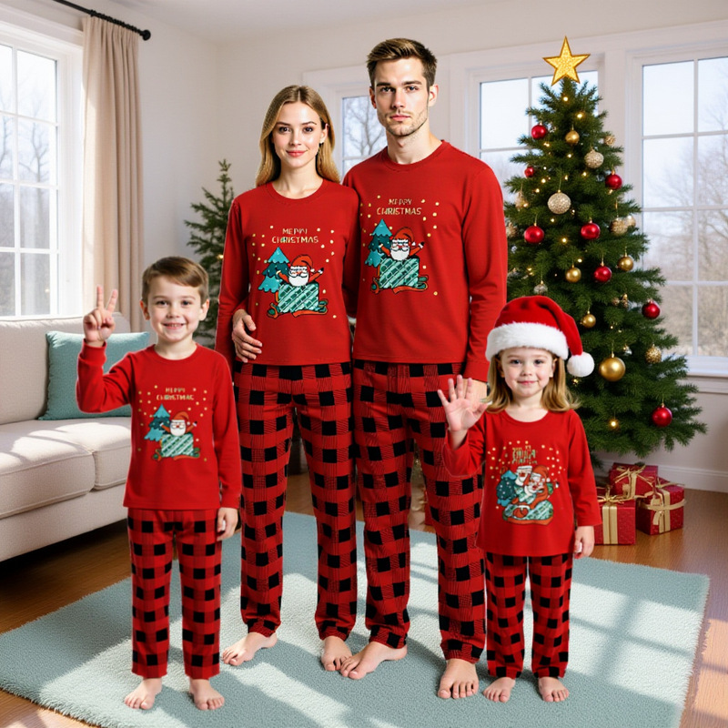 Foreign Trade Cross-Border New Christmas Red Plaid Print Family Suit Casual Round Neck Long-Sleeved Home Wear Pajamas Foreign Trade Cross-Border New Christmas Red Plaid Print Family Suit Casual Round Neck Long-Sleeved Home Wear Pajamas