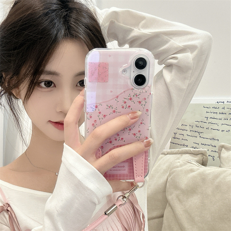 Pins wind girl rosado costura a cuadros para iPhone16 pequeño cordón floral de manzana 15ProMax 14/13