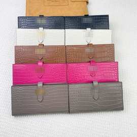 新款鳄鱼纹女款钱包长款长夹牛皮外贸批发两折多卡位钱夹