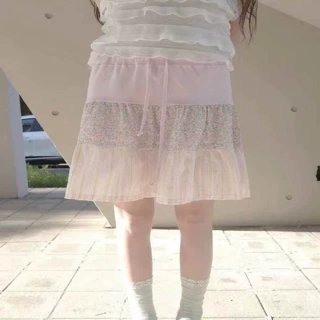 复古少女感日系碎花拼接显瘦系带休闲夏季伞裙半身裙