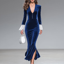 跨境欧美风2025亚马逊秋冬新款V领长袖女装气质修身连衣裙鱼尾裙