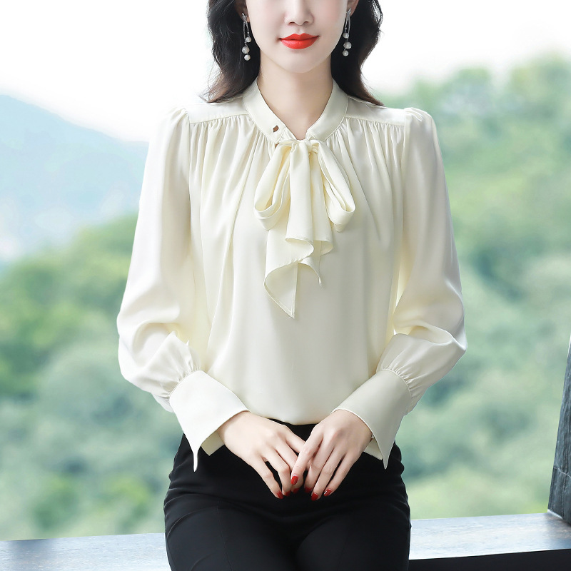 Solid color autumn elegant shirt with bow for leisure