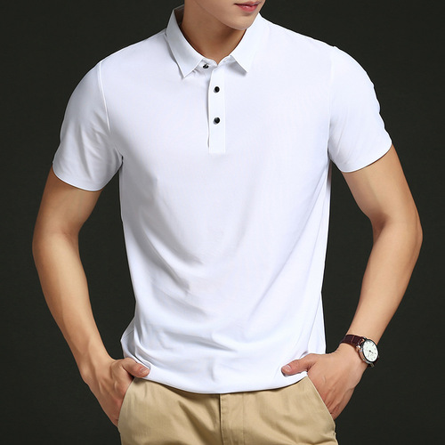Summer new style ice silk short-sleeved polo shirt men's brocade ammonia traceless elastic solid color thin collar T-shirt men