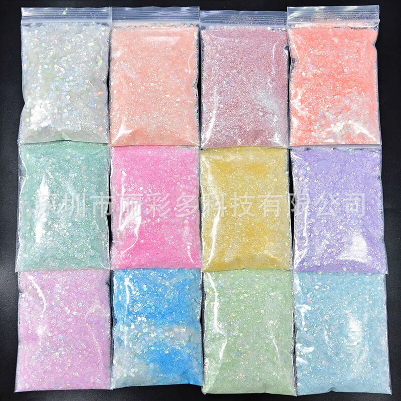 50g Summer Ice Glittering Powder Sequins Nail Art Makeup Drops Glue Hemp Size Mixed Glitter Powder Nail Patch
