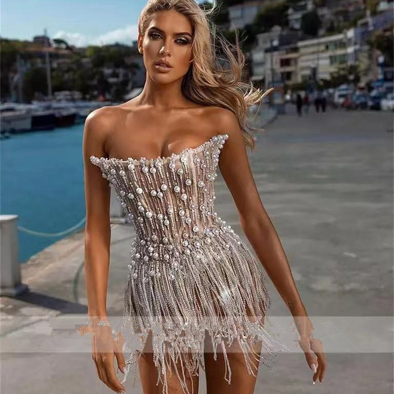 2025 New Style Breast Wrap Prom Skirt Tassel Pearl Strip Mini Cocktail Party Sexy Slim Evening Dress for Women 2025 New Style Breast Wrap Prom Skirt Tassel Pearl Strip Mini Cocktail Party Sexy Slim Evening Dress for Women