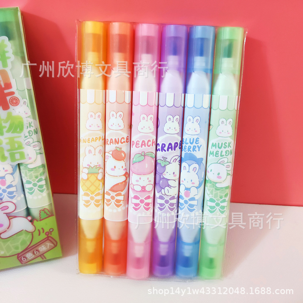 6 colores blandos de doble cabeza resaltadores de fragancia de fruta estudiantes para hacer notas de trazos clave para niños graffiti bolígrafo de color