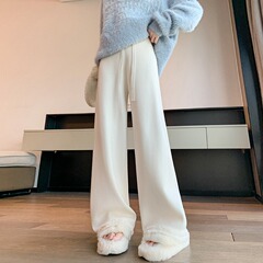 咖色阔腿美拉德糯米裤秋冬高腰垂坠感软糯针织流苏毛边窄版拖地裤