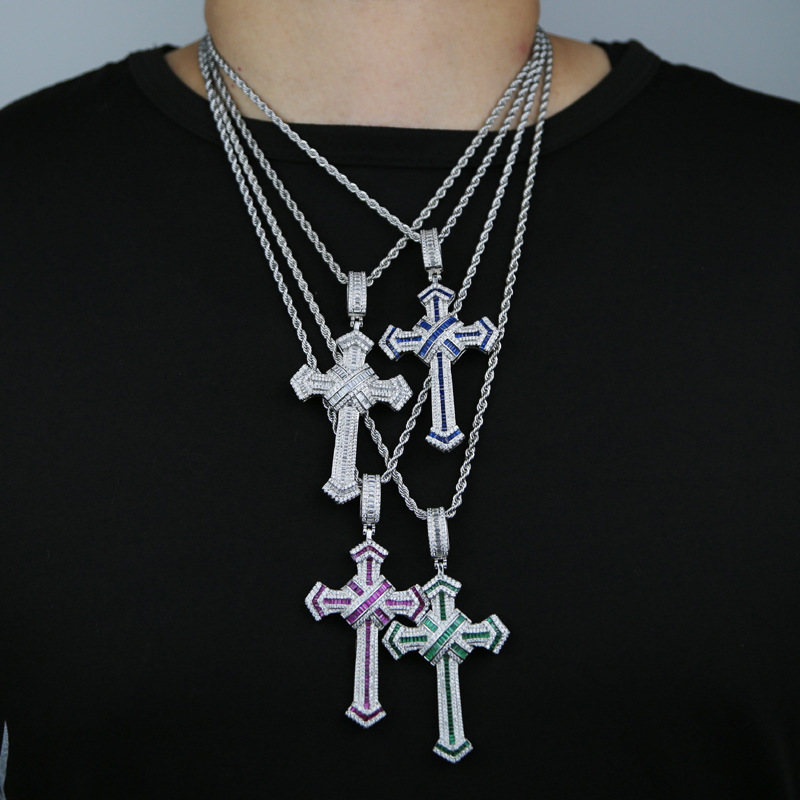 Men's Gender Inlay Design Hip-Hop Cross Copper Inlay Zircon Men's Pendant Necklace