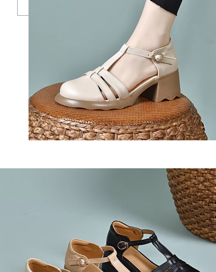 Sandal nữ da thật mũi kín đế dày gót thấp kiểu La Mã — Màu đen chi tiết 18