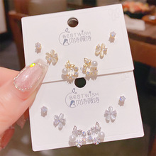 2025新品蝴蝶结珍珠花朵耳钉耳钉三对装 韩版银针六件套装耳饰品