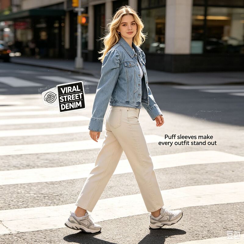 European and American cross-border in-stock light blue puff-sleeve short denim jacket with a turn-down collar, waist-cinching, washed, fashionable street style jacket European and American cross-border in-stock light blue puff-sleeve short denim jacket with a turn-down collar, waist-cinching, washed, fashionable street style jacket