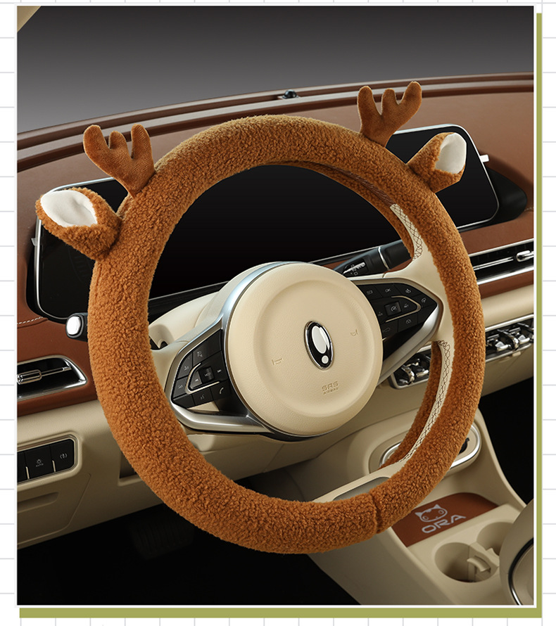 Plush steering wheel cover winter teddy velvet D-type cute cartoon car interior decoration girl protective cover warm handle cover