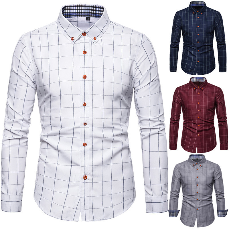 New checkered youth long sleeved square neck shirt, loose fitting version, men's clothing_voghion.com