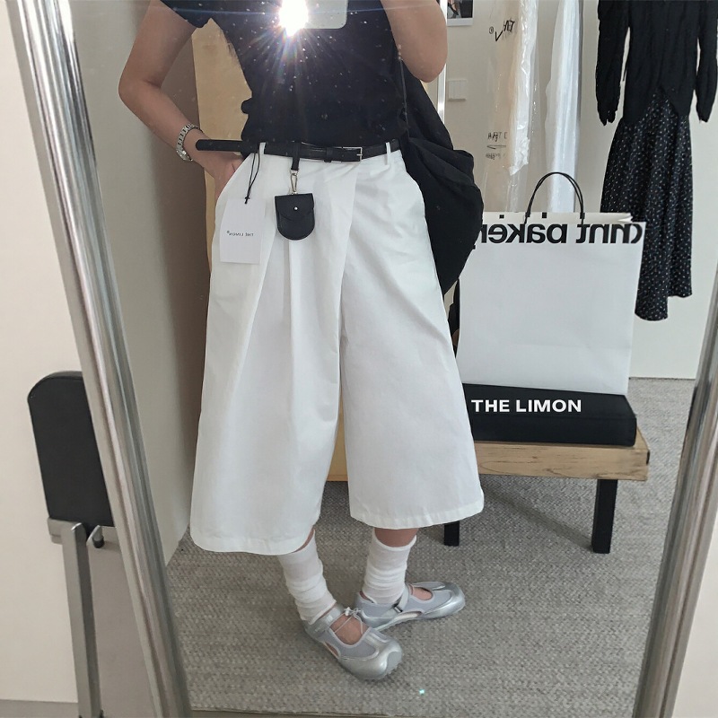 THE LIMON Té verde limón Moda coreana Cintura alta Todo fósforo sueltos y delgados Pantalones casuales recortados Mujer con riñonera