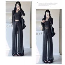 白枕鹤糯米三件套女夏季新款春秋时尚休闲运动套装宽松吊带开衫阔