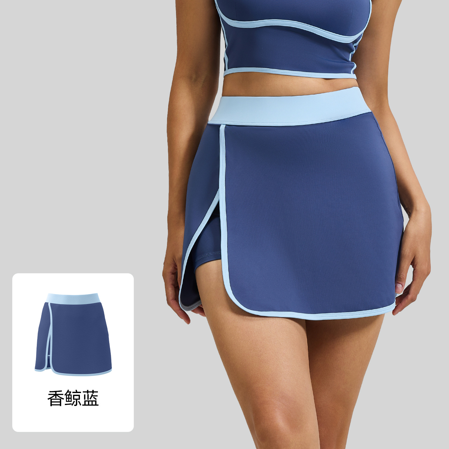 Verano nuevo vestido deportivo de bifurcación lineal falso dos piezas con pantalones de seguridad anti-gloss bolsillo incorporado image 7