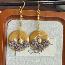 中古手工原创设计春夏新款天然黄龙玉平安扣镶嵌淡水珍珠花朵耳环