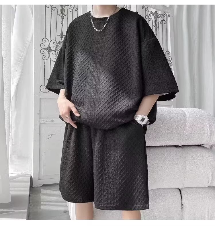 Men's Athletic Waffle Knit Short Sleeve T-Shirt And Shorts 2-Piece Set, Summer Casual Sports Outfit For Teens And Young Adults_viptrois.com