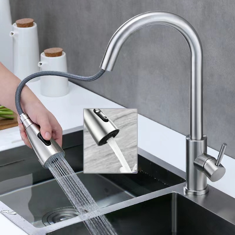 Cross-border foreign trade kitchen faucet hot and cold rotatable 304 stainless steel dish basin extraction telescopic sink faucet