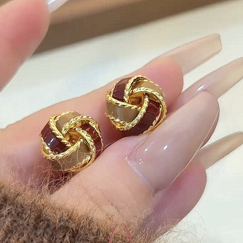 港风真金电镀豹纹圆圈耳环方圆脸复古高级感耳环通勤百搭耳饰小众|undefined