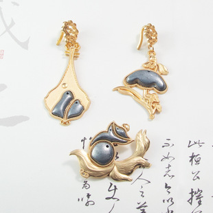 Handmade DIY Fox Pipa Song Brocade Patchwork Pendant Alloy New Chinese Style Handmade Pressed Lapel Groove Base