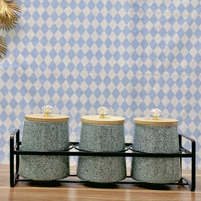 Tanque de condimento de cerámica, tanque de sellado de cocina nórdica, cubierta de madera, tanque de almacenamiento de granos domésticos, conjunto de tanques de almacenamiento de cerámica de lujo ligero