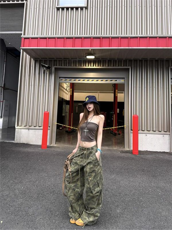辣妹迷彩潮酷阔腿工装裤女早秋新款美式复古抽绳拖地牛仔长裤|undefined