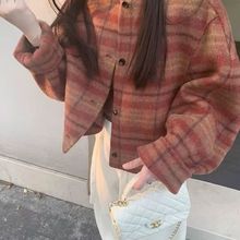 韩系慵懒风格纹羊毛大衣女2024新款秋冬季红格子羊毛女短款外套