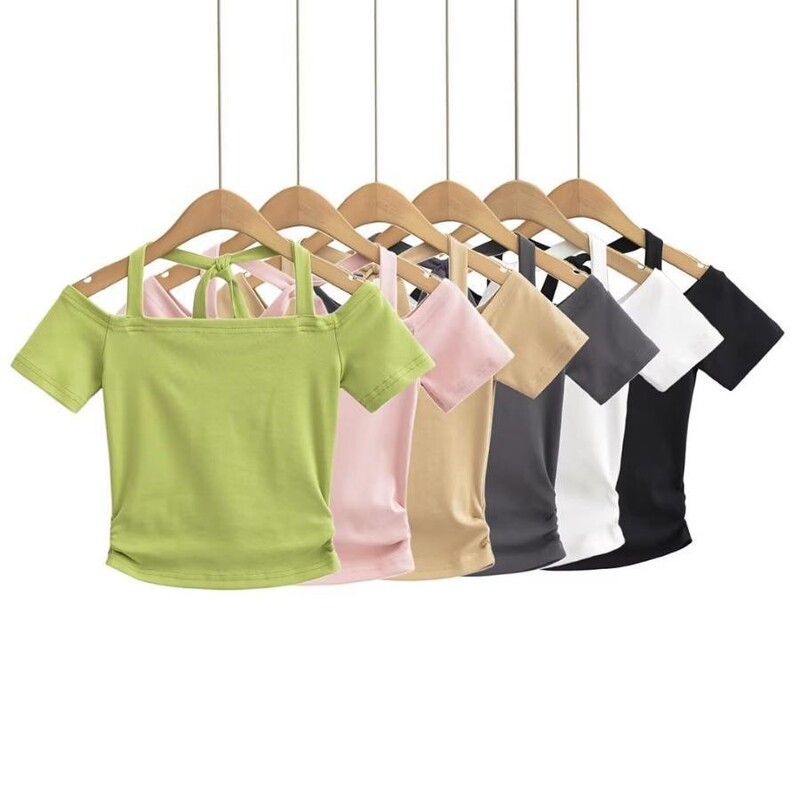 Hot Girls Sexy Off-shoulder Lace-up Neck Short-sleeved T-shirt Women's Summer New Solid Color Slim-fit Short Top Hot Girls Sexy Off-shoulder Lace-up Neck Short-sleeved T-shirt Women's Summer New Solid Color Slim-fit Short Top