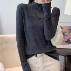 2025秋冬新款超细羊毛针织衫简约百搭打底衫亮片网纱拼接羊毛衫女