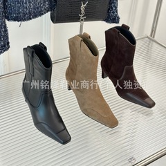 高端小众2024秋冬真皮方头复古高跟套筒短靴单靴小裸靴西部牛仔靴