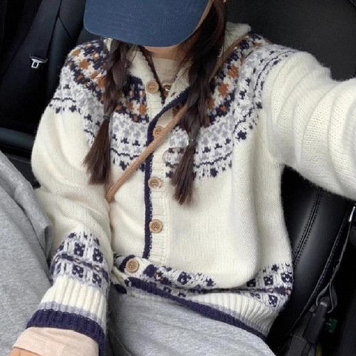 Sweet Style Fair Isle Embroidered Hooded Cardigan Women's 25th Autumn/Winter Retro Soft and Fluffy Knit Sweater Outerwear Top