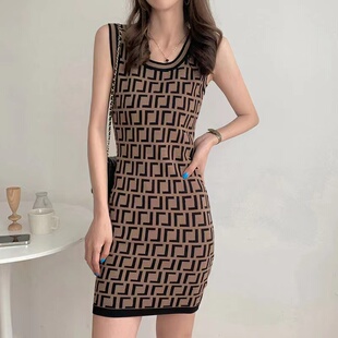 2023 Summer New Fashion Retro Double Letter Jacquard Round Neck Sleeveless Knitted Vest Dress Women's Clothing