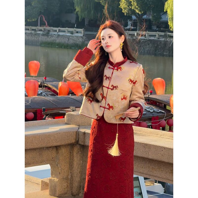 2025【Fangmacuan】New Chinese-Style Color-Blocking Set for Women, Winter Red Qipao Jacket, Engagement and Wedding Dress Set